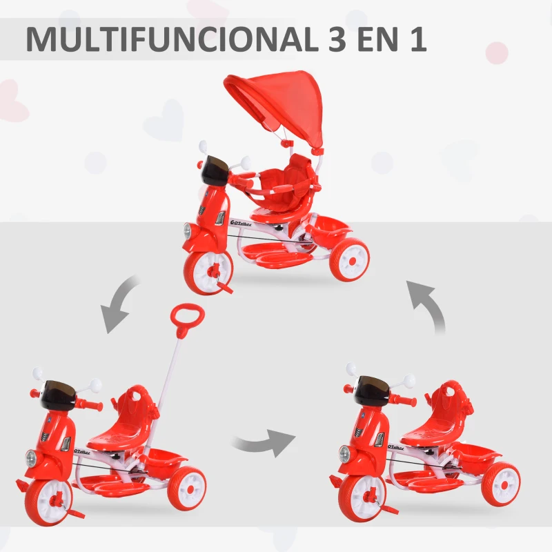 HOMCOM Triciclo Evolutivo Infantil 3 en 1 para Niños +18 Meses con Función de Luz y Música Barra de Seguridad y Toldo Retráctil Asiento Giratorio 360° 93x51x94 cm Rojo