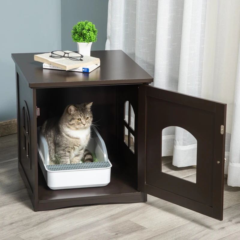 PawHut Mueble Arenero para Gatos 2 en 1 con Armario de Almacenaje Puerta y 2 Ventanas Cruzadas 48,7x53,3x53 cm Café