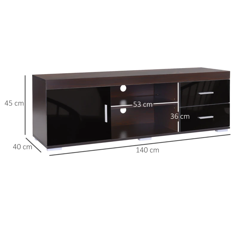 HOMCOM Mueble para TV Mesa para TV de Salón con Armario Cajones Estantes Abiertos Ajustable de 3 Niveles Soporte de Televisor Diseño Clásico Carga 80 kg 140x40x45 cm Café