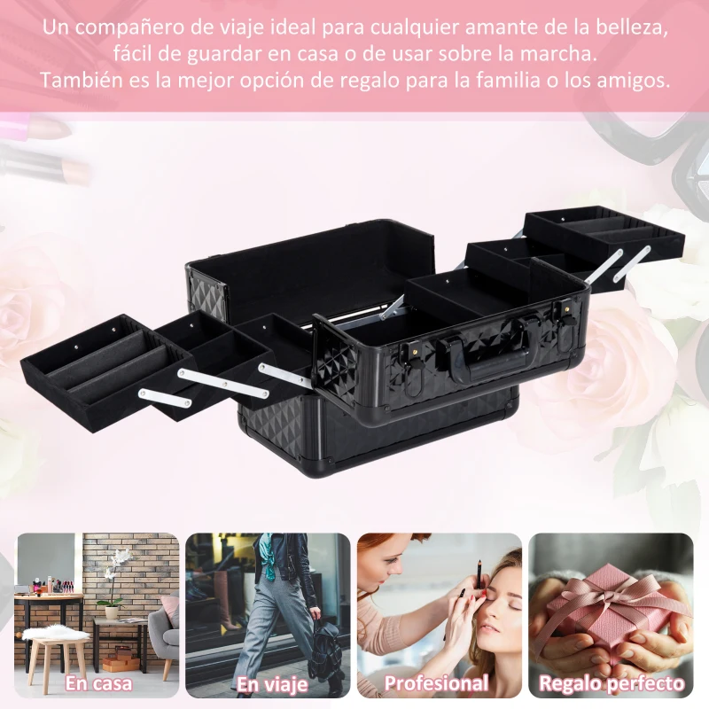 HOMCOM Estuche de Maquillaje Maletín para Maquillaje Organizador Cosméticos Profesional Caja de Belleza Portátil 4 Niveles 35.5x20x25.5cm Aluminio