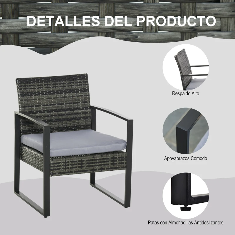 Outsunny Conjunto de Mesa y Sillas de Jardín para Exterior Incluye 2 Sillones y 1 Mesa de Centro de Vidrio Gris