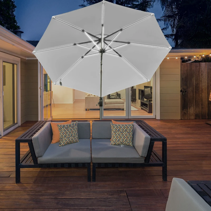Outsunny Sombrilla de Jardín Ø3 m Sombrilla de Terraza de Aluminio con Luces LED Panel Solar Techo Reclinable Protección UV 50+ Giratorio 360° Manivela Base Cruzada Blanco