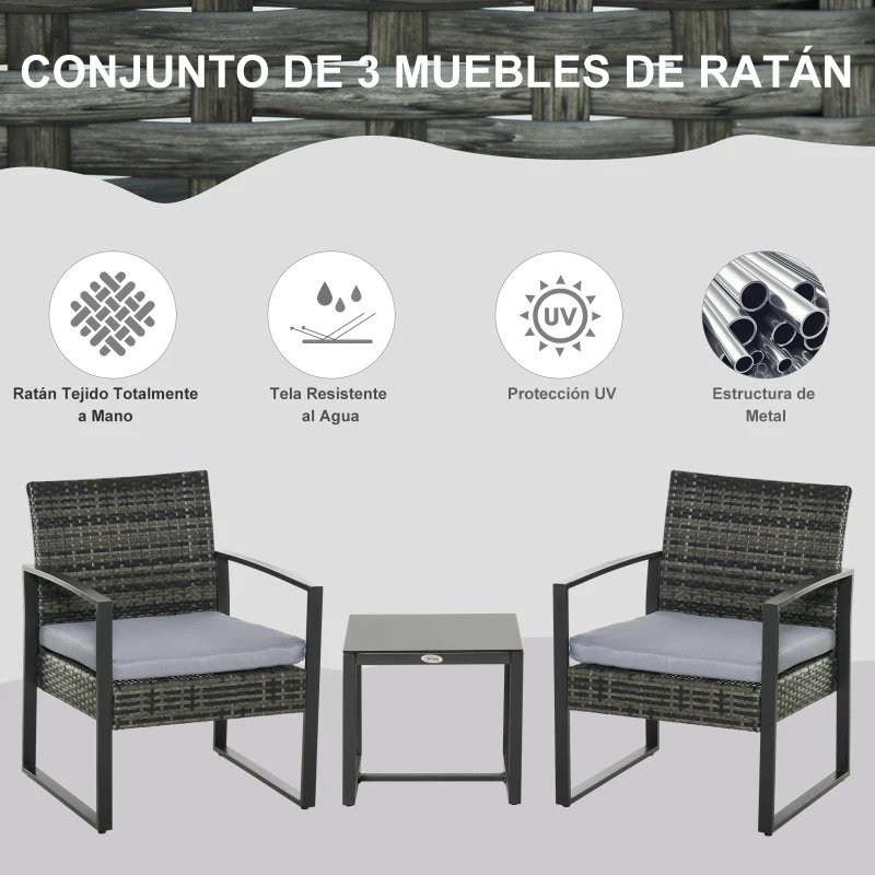 Outsunny Conjunto de Mesa y Sillas de Jardín para Exterior Incluye 2 Sillones y 1 Mesa de Centro de Vidrio Gris