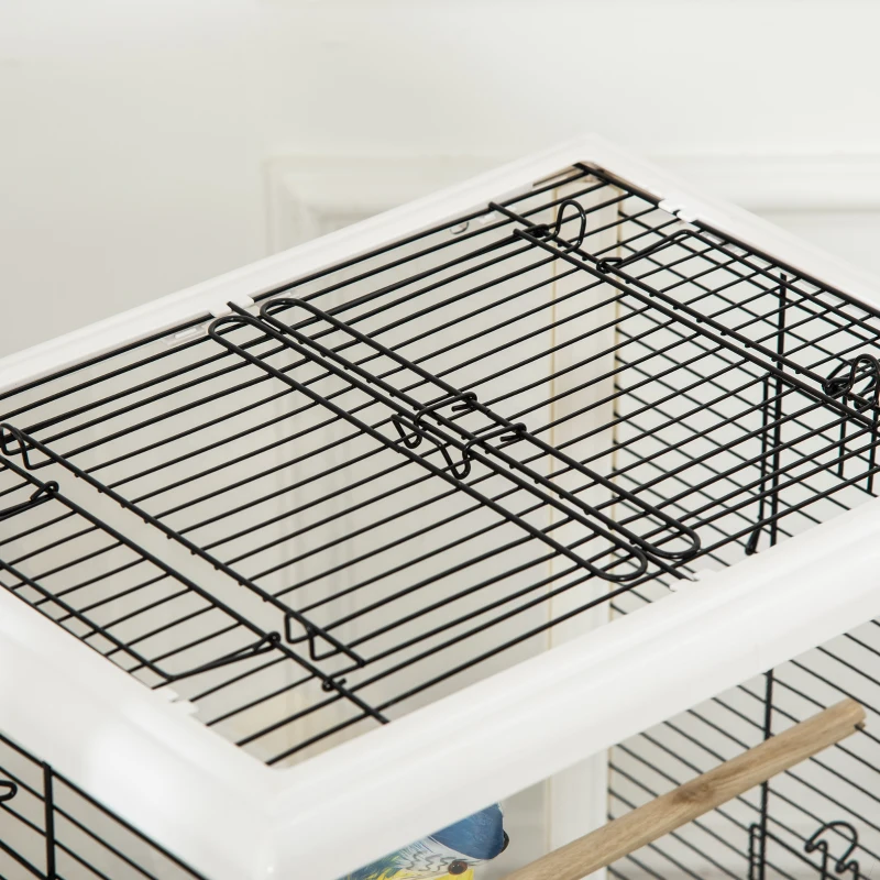 PawHut Jaula para Pájaros con Soporte Desmontable Jaula de Aves Canarios con 4 Ruedas Techo Abrible 2 Comederos 2 Perchas Bandeja Extraíble y Rejillas 47x35x106,5 cm Blanco