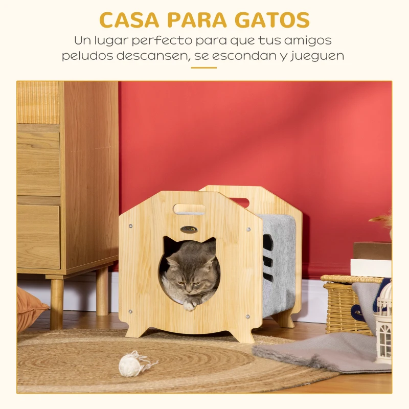 PawHut Caseta de Gatos de Madera y Fieltro Casa para Mascotas con Cojín y 2 Asas 40x39x40 cm Natural y Gris