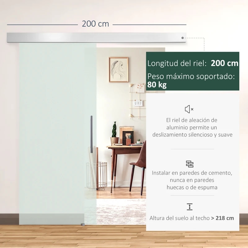 HOMCOM Puerta Corredera de Cristal 77,5x205 cm Puerta Corrediza Deslizante con Riel de Cristal de Seguridad Translúcido(m-4)