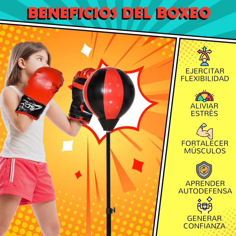HOMCOM Saco de Boxeo para Niños +3 Años Altura Ajustable con Guantes e Inflador Soporte de Metal Base Tipo Pedal 68x18,5x86-125 cm Rojo y Negro