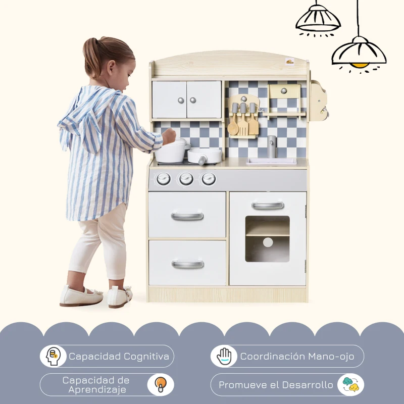 HOMCOM Cocina de Juguete de Madera para Niños +3 Años con 5 Accesorios Cocinita Infantil con 2 Armarios 2 Cajones Grifo Simulado y Soporte para Papel 54,5x29x80 cm Natural