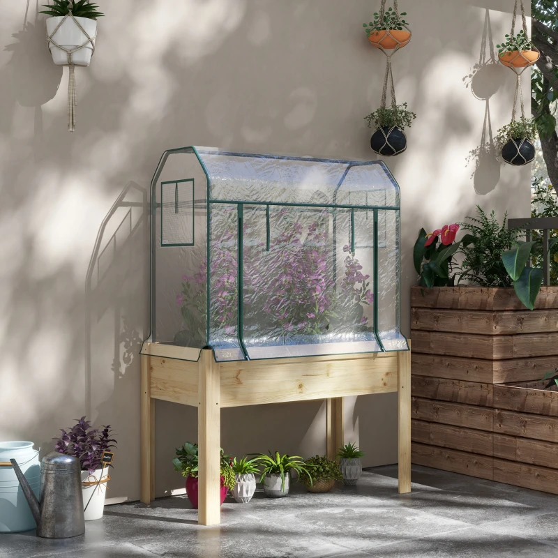 Outsunny Wooden Planter Box with Greenhouse Cover and Bed Liner, Raised Garden Bed for Vegetables, Flowers, Herbs