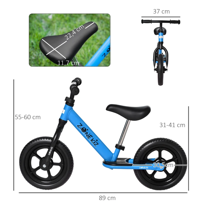HOMCOM Bicicleta sin Pedales para Niños de +2 Años con Sillín Ajustable de 31-41 cm y Manillar Regulable Bicicleta de Equilibrio Infantil con Ruedas de 12" 89x37x55-60 cm Azul