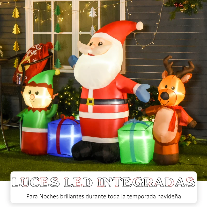 HOMCOM Hinchable de Navidad Papá Noel Inflable con Elfo y Reno con 6 Luces LED e Inflador para Exterior Interior 203x50x153 cm