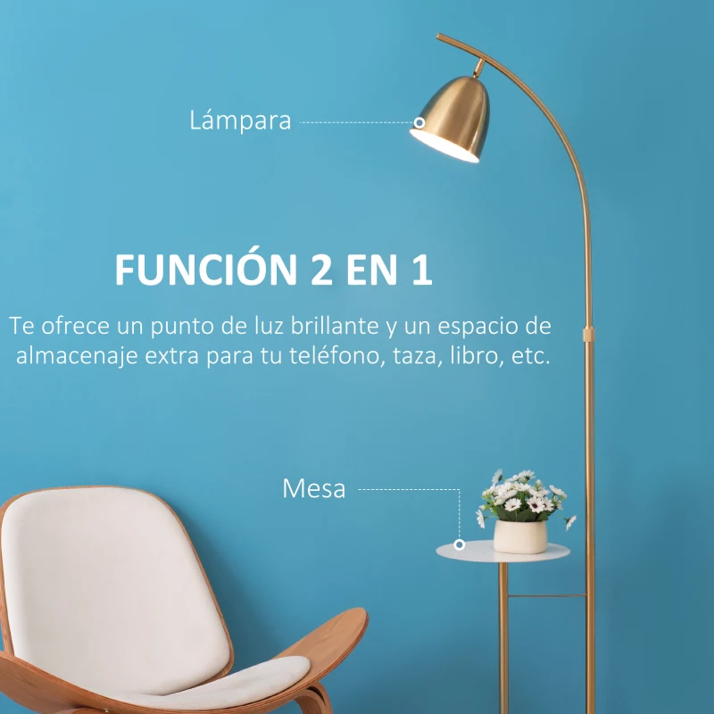 HOMCOM Lámpara de Pie Vintage con Mesa Auxiliar Casquillo E27 Máx. 40W y Interruptor de Pie para Salón Dormitorio Estudio 30x44x177 cm Dorado