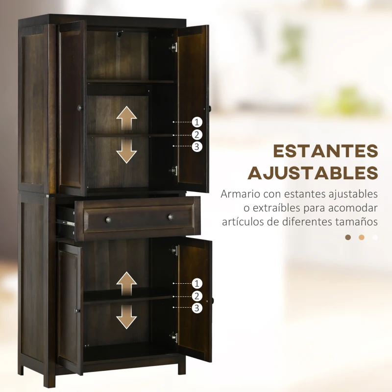 HOMCOM Alacena de Cocina Mueble Auxiliar con 4 Puertas Magnéticas Cajón y Estantes Ajustables 76x40,5x184 cm Café Oscuro