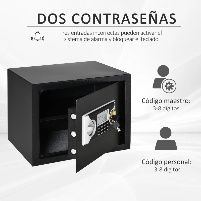 HOMCOM Caja Fuerte de Seguridad 27L Portátil con Cerradura Electrónica y 2 Llaves de Emergencia 2 Códigos Montado en la Pared Acero 38x30x30 cm Negro