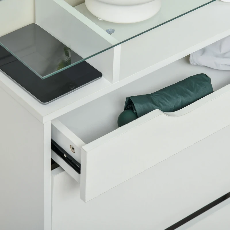HOMCOM Mueble Zapatero de 2 Puertas Zapatero Estrecho para 16 Pares de Zapatos con Cajón Estante Abierto y Encimera de Vidrio para Pasillo Entrada 89x23x96 cm Blanco