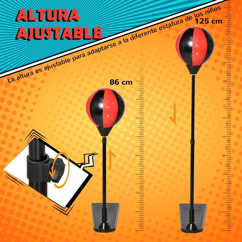 HOMCOM Saco de Boxeo para Niños +3 Años Altura Ajustable con Guantes e Inflador Soporte de Metal Base Tipo Pedal 68x18,5x86-125 cm Rojo y Negro
