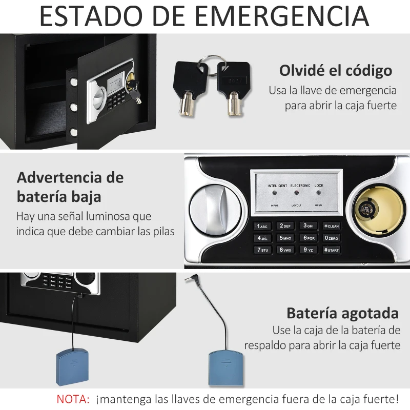 HOMCOM Caja Fuerte de Seguridad 27L Portátil con Cerradura Electrónica y 2 Llaves de Emergencia 2 Códigos Montado en la Pared Acero 38x30x30 cm Negro