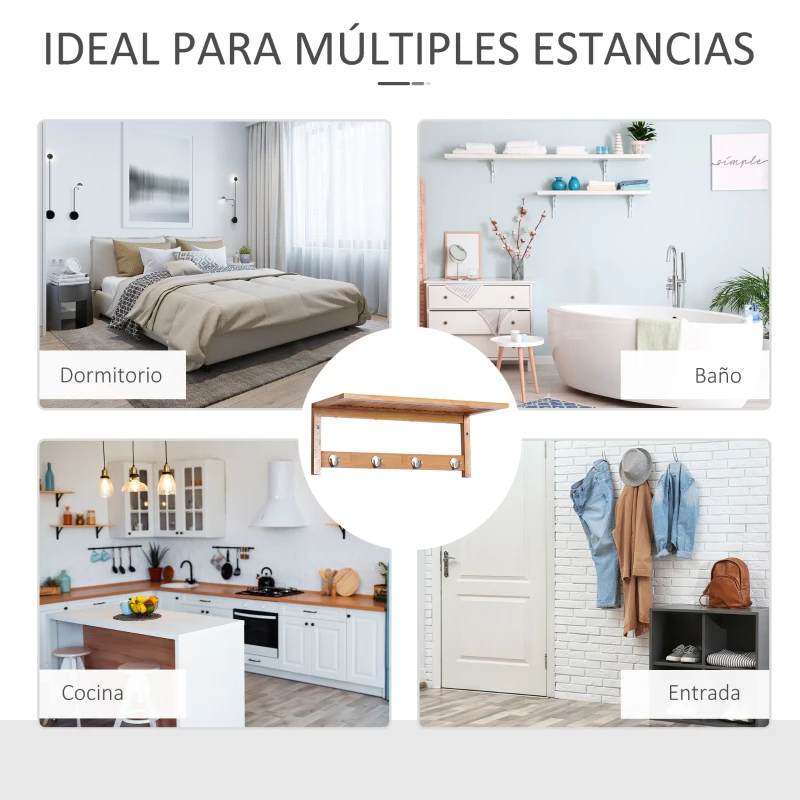 HOMCOM Perchero de Pared de Bambú Estante Toallero de pared 4 Ganchos para Entrada Salón Baño Pasillo Dormitorio 50x16x17,5 cm Carga 5kg