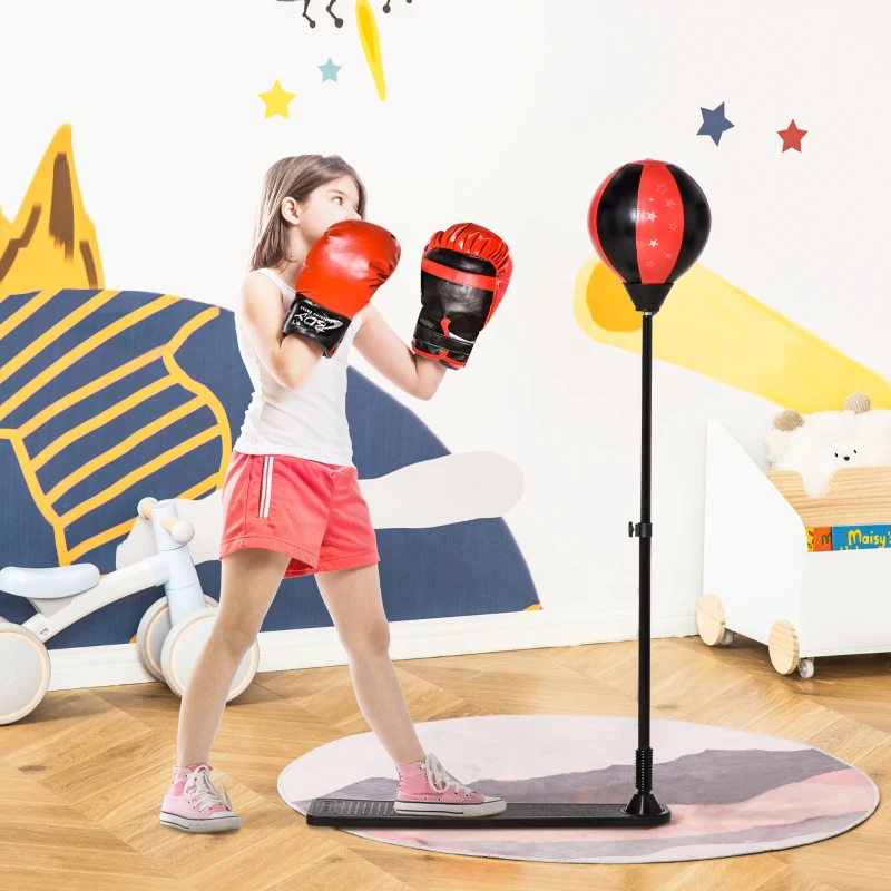 HOMCOM Saco de Boxeo para Niños +3 Años Altura Ajustable con Guantes e Inflador Soporte de Metal Base Tipo Pedal 68x18,5x86-125 cm Rojo y Negro