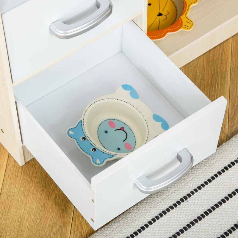 HOMCOM Cocina de Juguete de Madera para Niños +3 Años con 5 Accesorios Cocinita Infantil con 2 Armarios 2 Cajones Grifo Simulado y Soporte para Papel 54,5x29x80 cm Natural