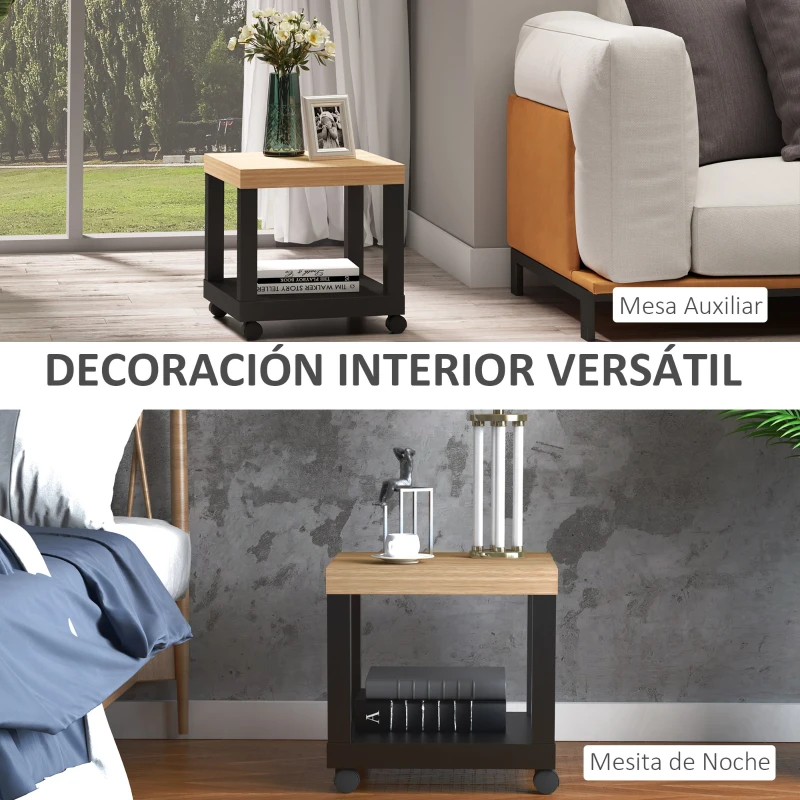 HOMCOM Mesa Auxiliar con Ruedas Estante Abierto Mesa para Sofá Sala Dormitorio 40x40x40 cm Natural y Negro