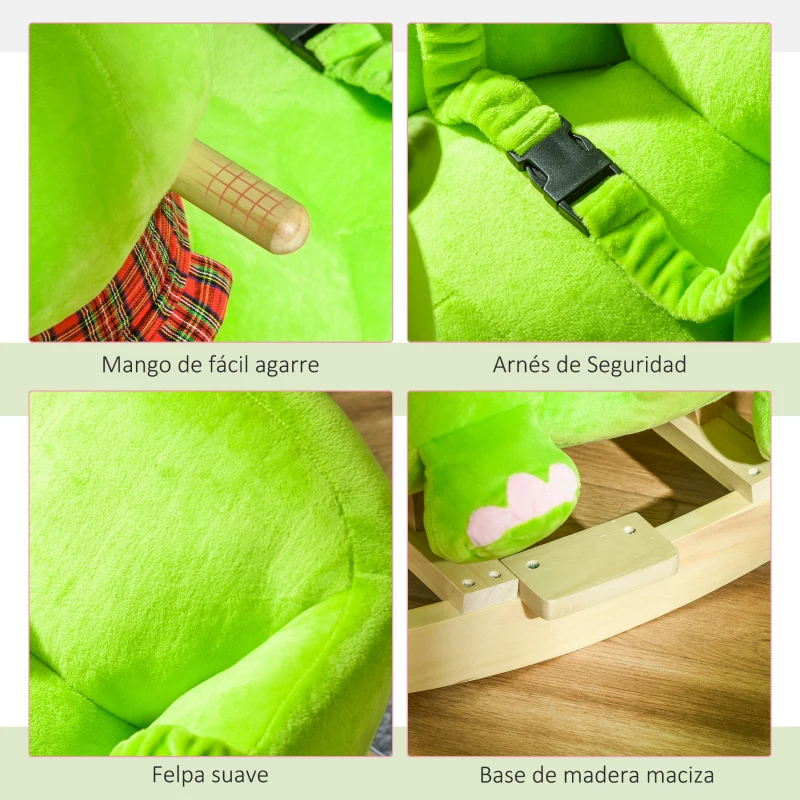 HOMCOM 2 en 1 Caballito Balancín Bebé +18 Meses Balancín Peluche Madera con Ruedas para Rodar Sonido Cinturón de Seguridad Mecedora Balancín 60x32x52cm