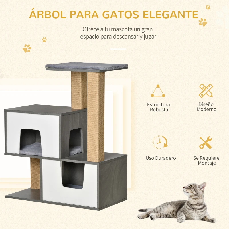PawHut Árbol para Gatos de Madera Altura 93 cm con 2 Cuevas Cojines Extraíbles Plataformas Postes Rascadores de Yute Natural y Múltiples Entradas para Descansar 77x39x93 cm Gris