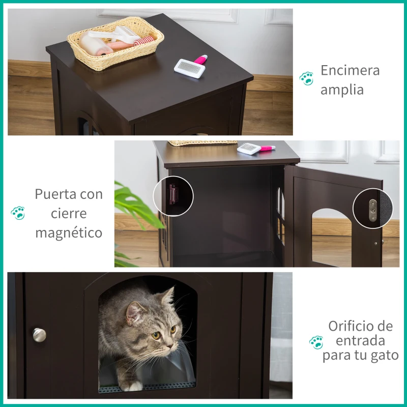 PawHut Mueble Arenero para Gatos 2 en 1 con Armario de Almacenaje Puerta y 2 Ventanas Cruzadas 48,7x53,3x53 cm Café