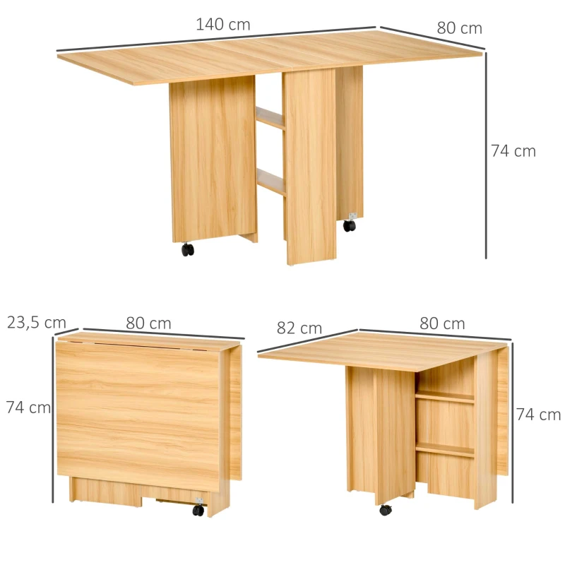 HOMCOM Mesa de Comedor Plegable con Ruedas Mesa Auxiliar Multifuncional con Alas Abatibles y Estantes 140x80x74cm Madera