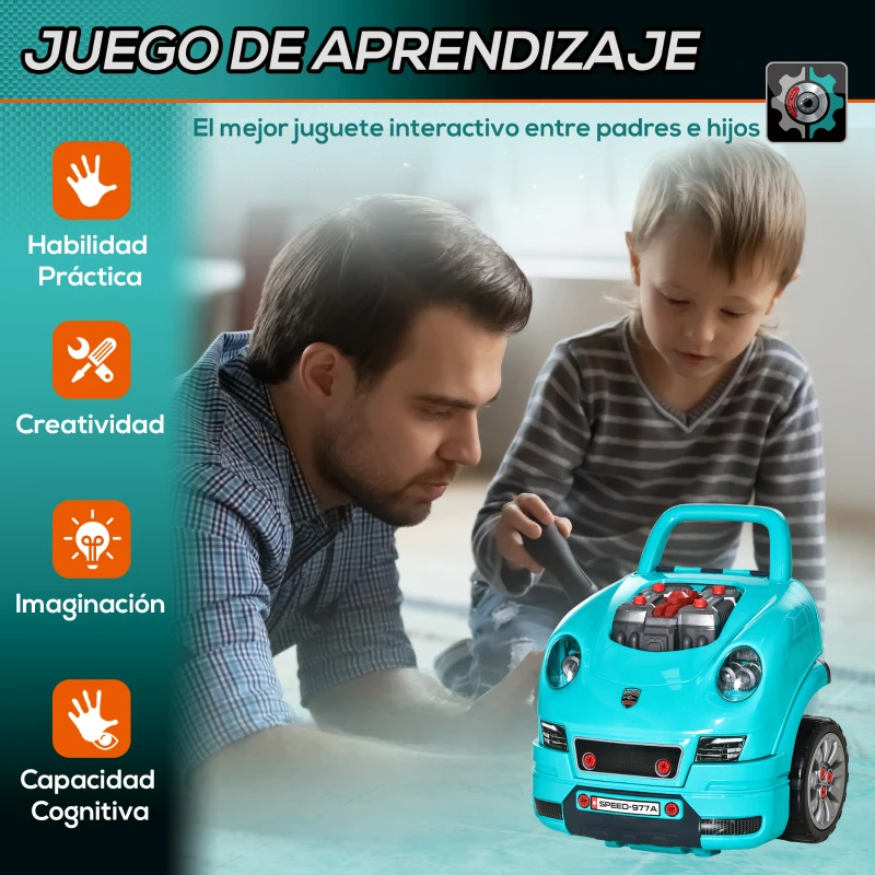 HOMCOM Juego Infantil de Motor con Herramientas 61 Piezas Volante Bocina Faros Caja de Almacenaje y Ruedas 40x39x47 cm Turquesa