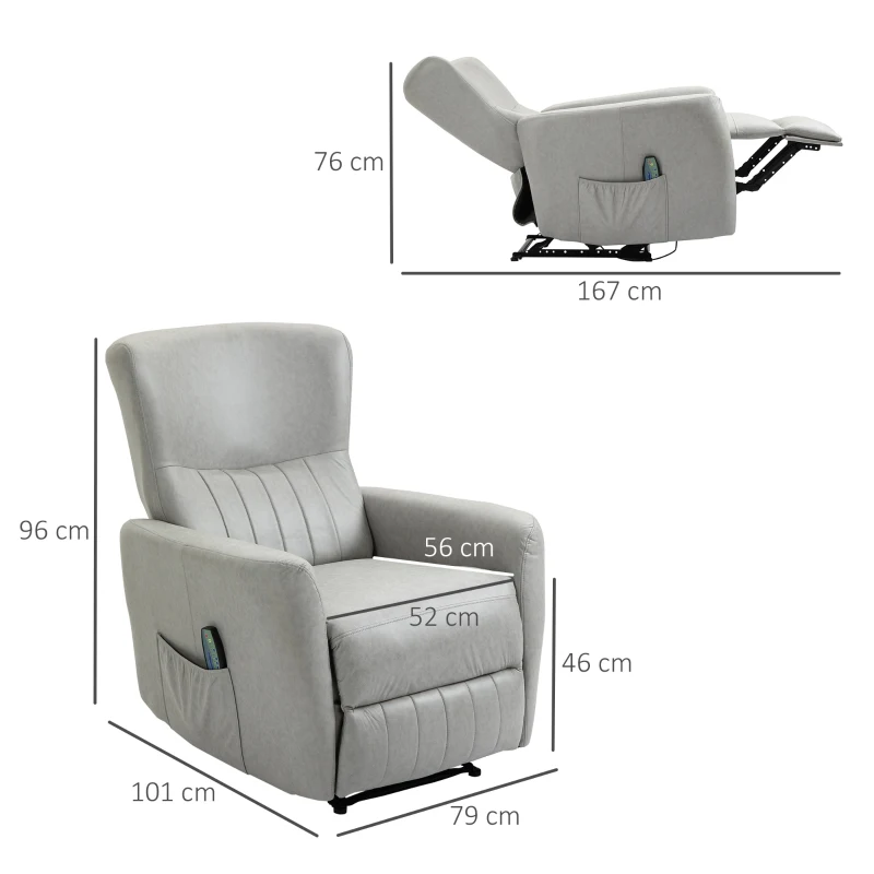 HOMCOM Sillón de Masaje Relax con Reclinación Manual 155° 8 Zonas de Masaje Mando a Distancia Tapizado en Tejido Técnico Reposapiés y 2 Bolsillos Laterales 79x101x96 cm Gris
