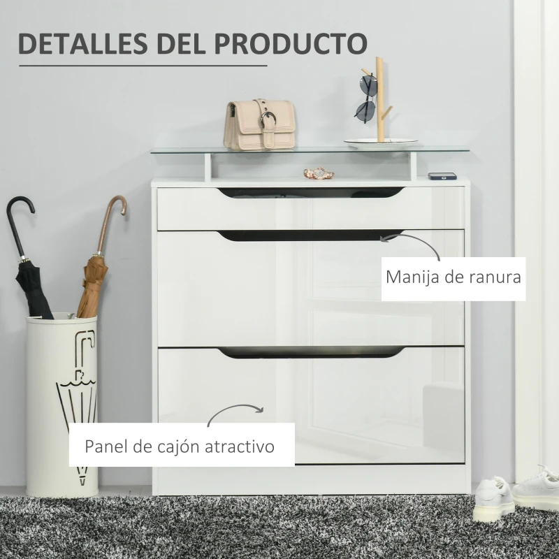 HOMCOM Mueble Zapatero de 2 Puertas Zapatero Estrecho para 16 Pares de Zapatos con Cajón Estante Abierto y Encimera de Vidrio para Pasillo Entrada 89x23x96 cm Blanco