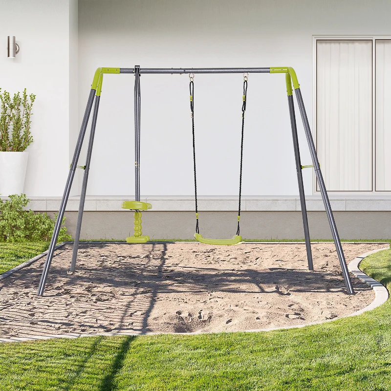 HOMCOM Set de Columpio Infantil al Aire Libre con Columpio y Balancín Doble Plaza Juguetes Exterior Adecuado para +3 Años 245x138x180cm Verde y Gris