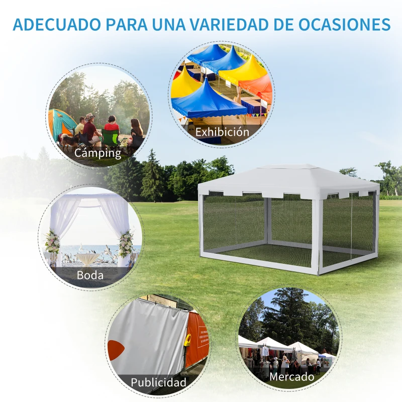 Outsunny Cenador de Exterior 4x3 m con Mosquiteras Laterales Doble Techo y Puertas con Cremallera Blanco y Negro