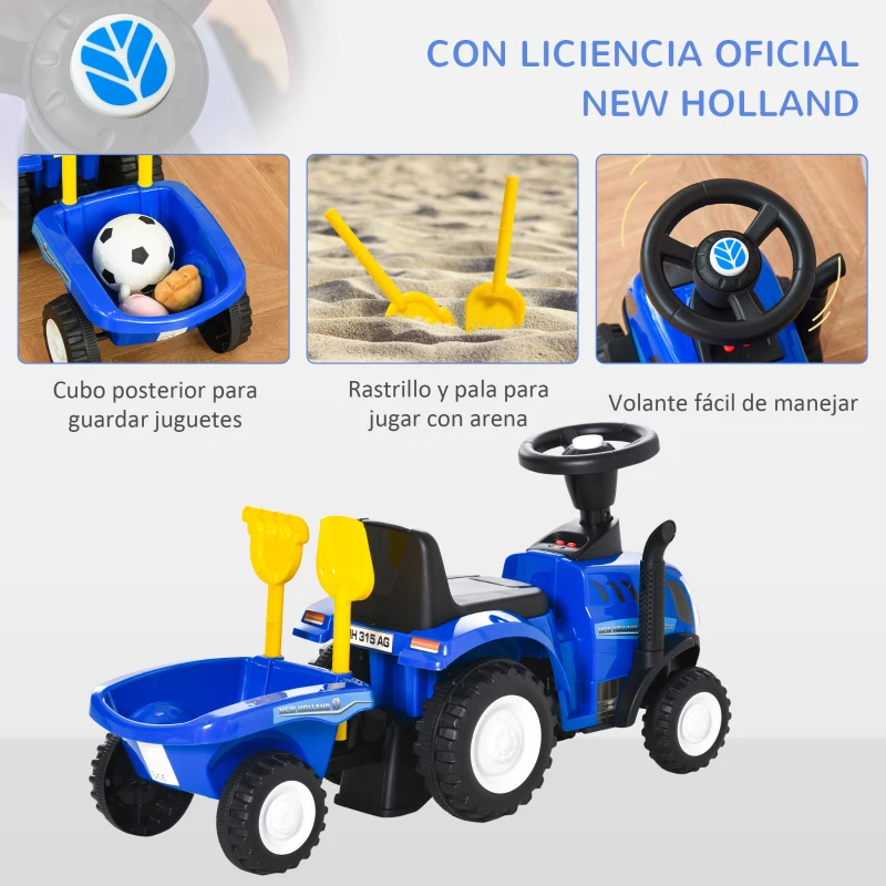 HOMCOM Tractor sin Pedales para Niños de 12-36 Meses con Remolque Extraíble Coche Correpasillos con Bocina Faros Pala Asiento de Suelo 25 cm y Rastrillo Carga 25 kg 91x29x44 cm Azul