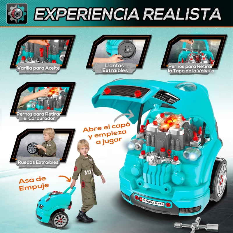 HOMCOM Juego Infantil de Motor con Herramientas 61 Piezas Volante Bocina Faros Caja de Almacenaje y Ruedas 40x39x47 cm Turquesa