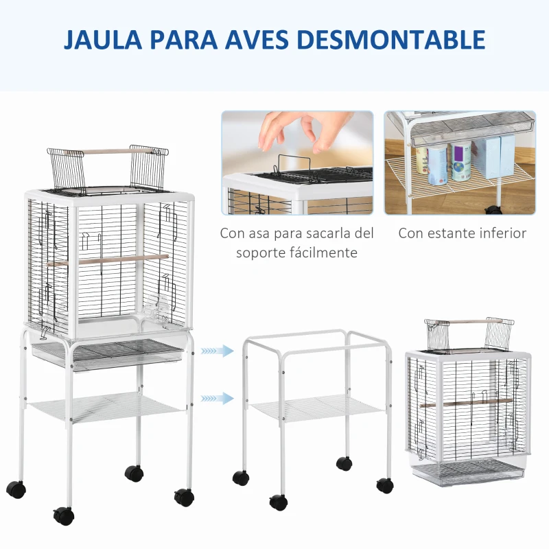 PawHut Jaula para Pájaros con Soporte Desmontable Pajarera con 4 Ruedas Techo Abrible 2 Comederos 2 Perchas y Bandeja para Loros Canarios Periquitos 47x35x106,5 cm Blanco