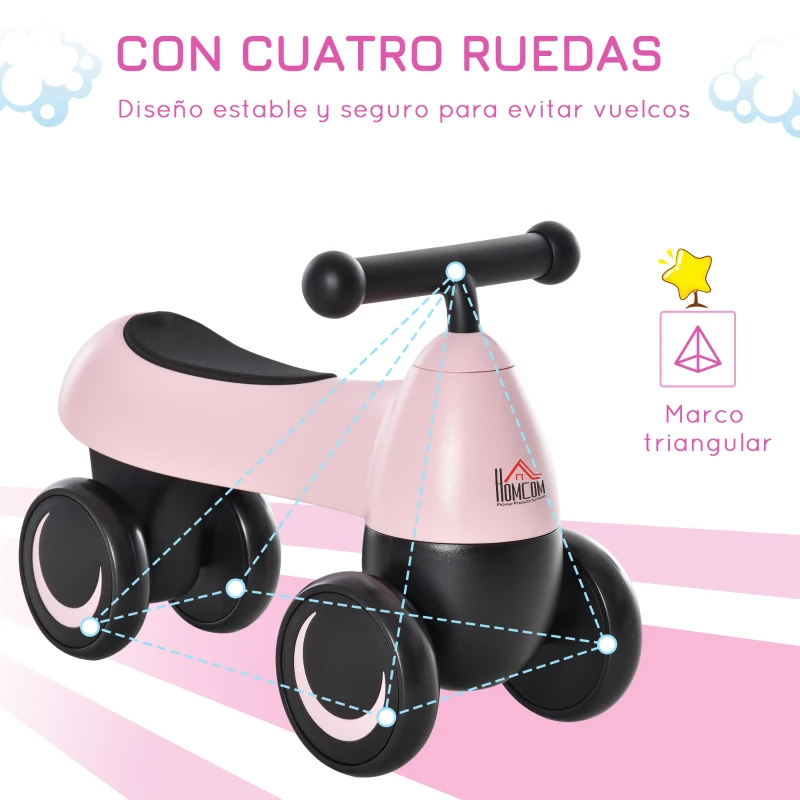 HOMCOM Correpasillos de Equilibrio para Niños Bicicleta sin Pedales Bebés de 18-36 Meses Altura Asiento de 26 cm con 4 Ruedas y Manillar Regalo de Cumpleaños 54x26x38 cm Rosa