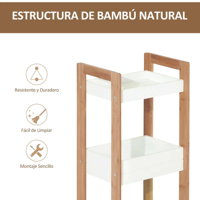 HOMCOM Estantería de Baño con 3 Estantes Organizador de Almacenaje Bambú para Cocina Sala de Estar Lavadero 27,5x20,8x74 cm Color Blanco y Natural