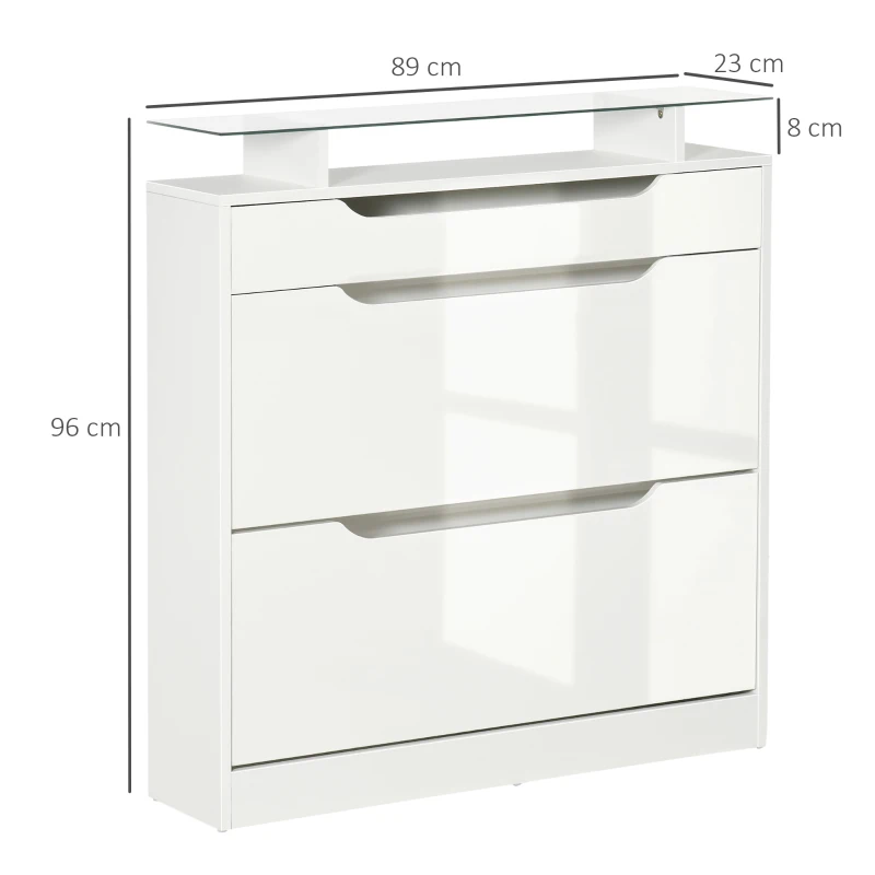 HOMCOM Mueble Zapatero de 2 Puertas Zapatero Estrecho para 16 Pares de Zapatos con Cajón Estante Abierto y Encimera de Vidrio para Pasillo Entrada 89x23x96 cm Blanco