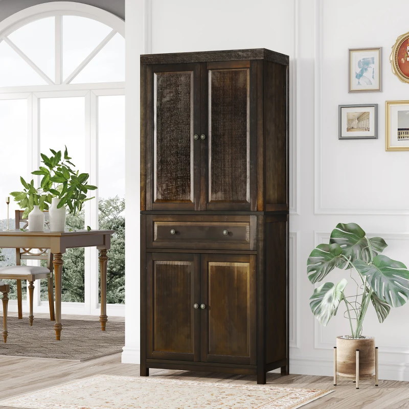 HOMCOM Alacena de Cocina Mueble Auxiliar con 4 Puertas Magnéticas Cajón y Estantes Ajustables 76x40,5x184 cm Café Oscuro