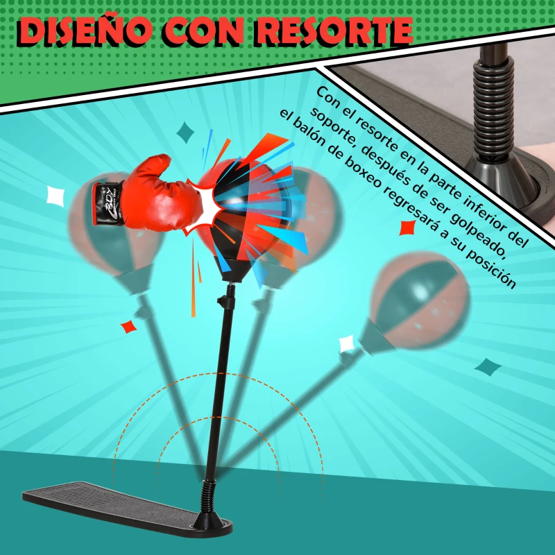 HOMCOM Saco de Boxeo para Niños +3 Años Altura Ajustable con Guantes e Inflador Soporte de Metal Base Tipo Pedal 68x18,5x86-125 cm Rojo y Negro