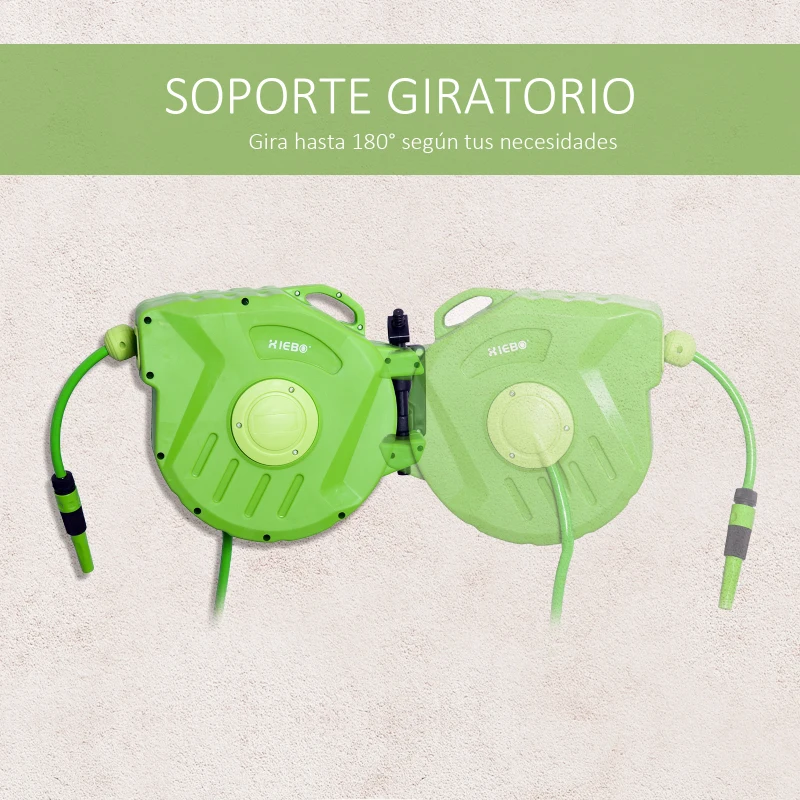 Outsunny Carrete para Manguera 20M+2M Soporte Mural Portamanguera Roll-up Automático con Pistola de Pulverización Gran Alcance Base de Pared Conector de Manguera para Jardín Terraza