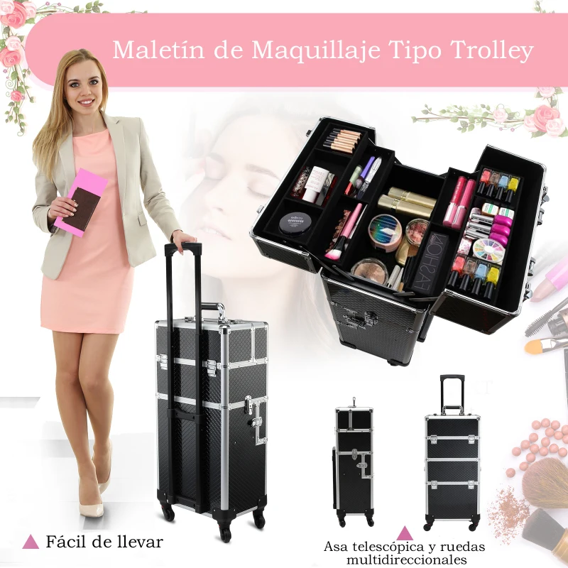 HOMCOM Maleta de Maquillaje Profesional Maletín de Comésticos Desmontable con Ruedas Universales Bandejas Desplegables con Cerradura Fácil de Transportar 36x24x79-107cm Negro