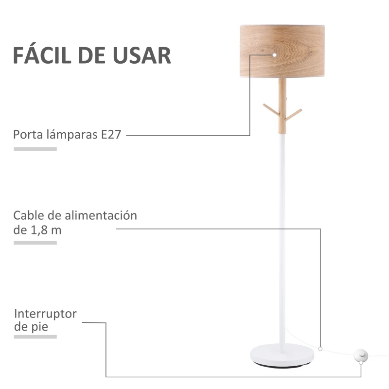 HOMCOM Lámpara de Pie con Ganchos para Colgar Ropa Sombreros Pantalla de PE Casquillo E27 Máx. 40W e Interruptor de Pie Moderno para Salón Dormitorio Ø38x158 cm Natural