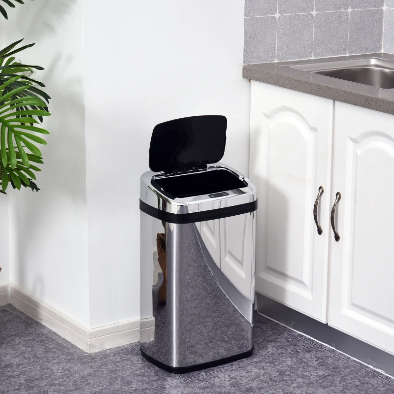 HOMCOM Papelera 30L Cubo de Basura con Sensor Detector de Movimiento Automático de Acero Inoxidable 33x25x58 cm Plata y Negro