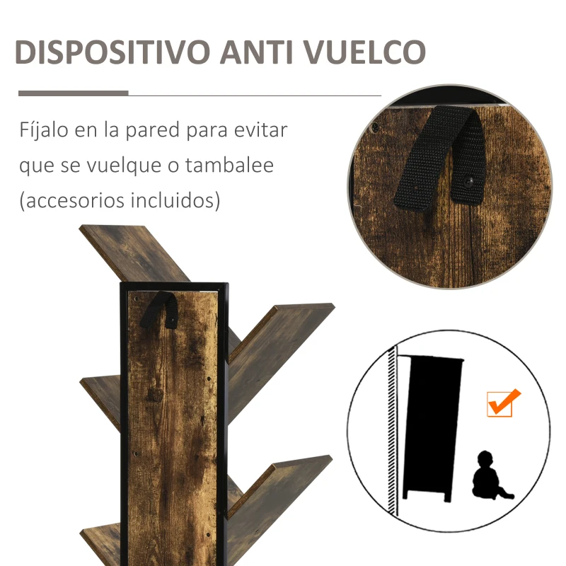 HOMCOM Librería en Forma de Árbol Estantería de 8 Niveles para Almacenamiento y Exhibición con Dispositivo Antivuelco 50x28x142 cm Marrón Rústico