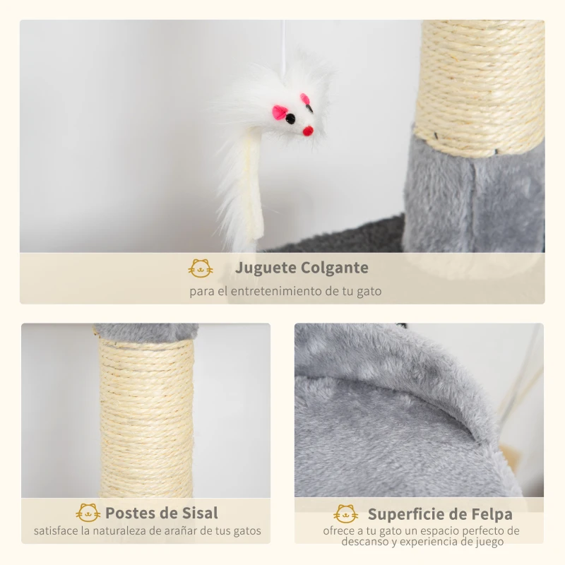 PawHut Torre para Gatos con Plataformas Casetas Ratón de Juego Postes para Rascar y Cubierto de Felpa 48x48x100 cm Gris
