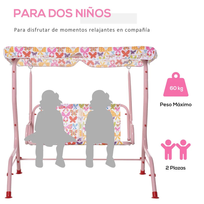 Outsunny Columpio Balancín de Jardín Infantil 2 Plazas para Niños de +3 Años con Toldo Ajustable en Ángulo para Terraza Balcón Carga Máx. 60 kg 110x70x110 cm Rosa