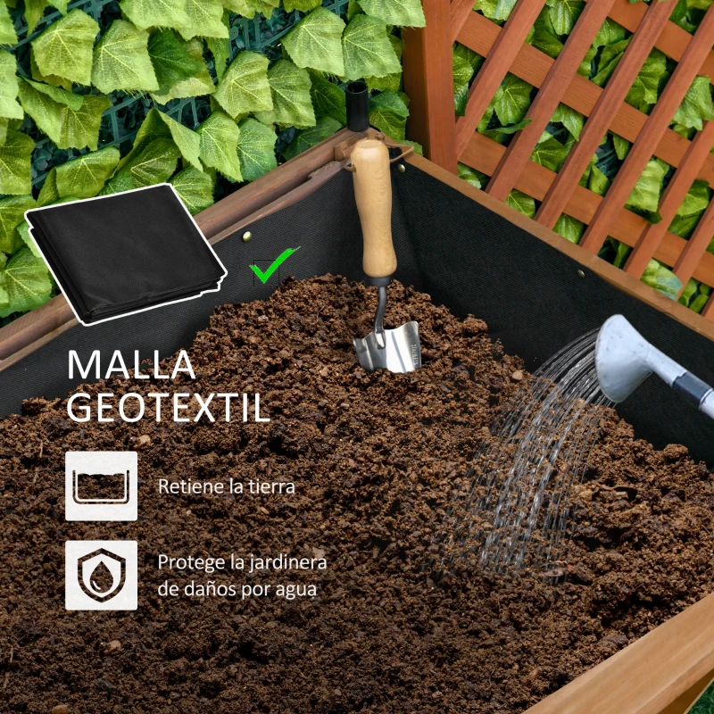 Outsunny Huerto Urbano Elevado de Madera 120x55x143 cm Mesa de Cultivo de Jardín con Red de Sombra de Malla y Tela Geotextil para Cultivos Plantas Flores Natural